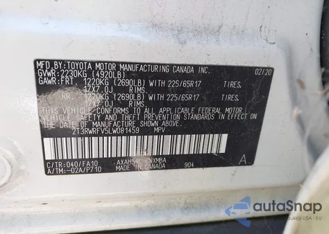 2020 Toyota Rav4 Hybrid Xle z USA, uszkodzony, nr VIN 2T3RWRFV5LW081459